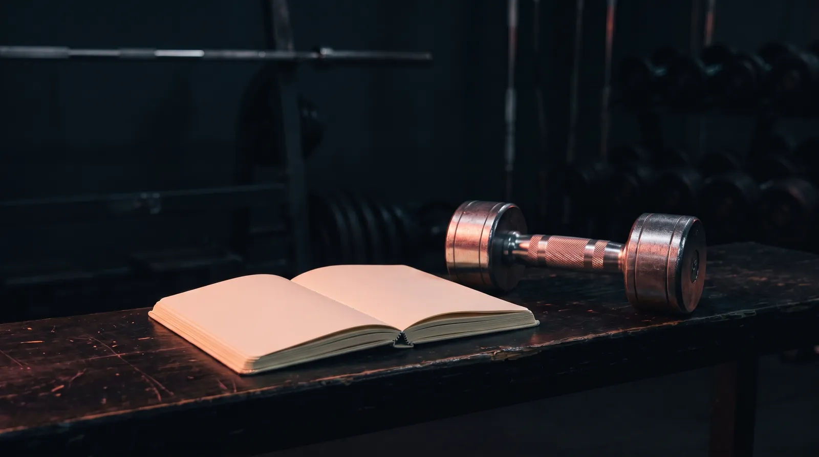 Un carnet ouvert à plat sur un banc de musculation, deux pages blanches, un haltère en acier posé derrière, dans une salle de sport plongée dans le noir sous une seule lumière corail