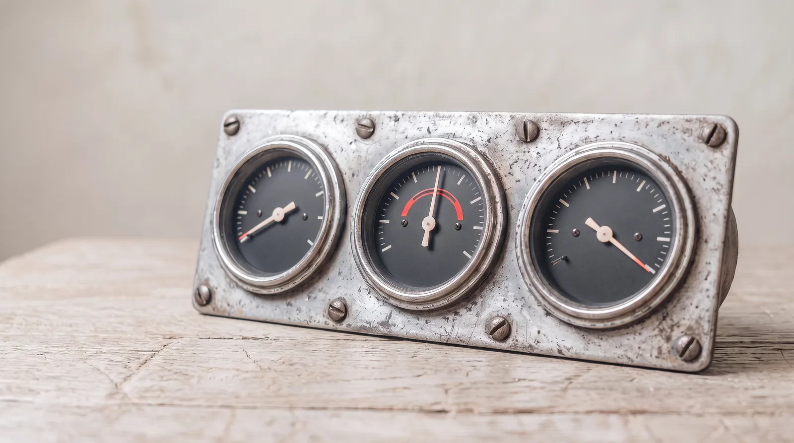 Un panneau métallique usé portant trois cadrans de mesure analogiques, aiguilles à des positions différentes, dans le noir, éclairé par une seule lumière corail rasante