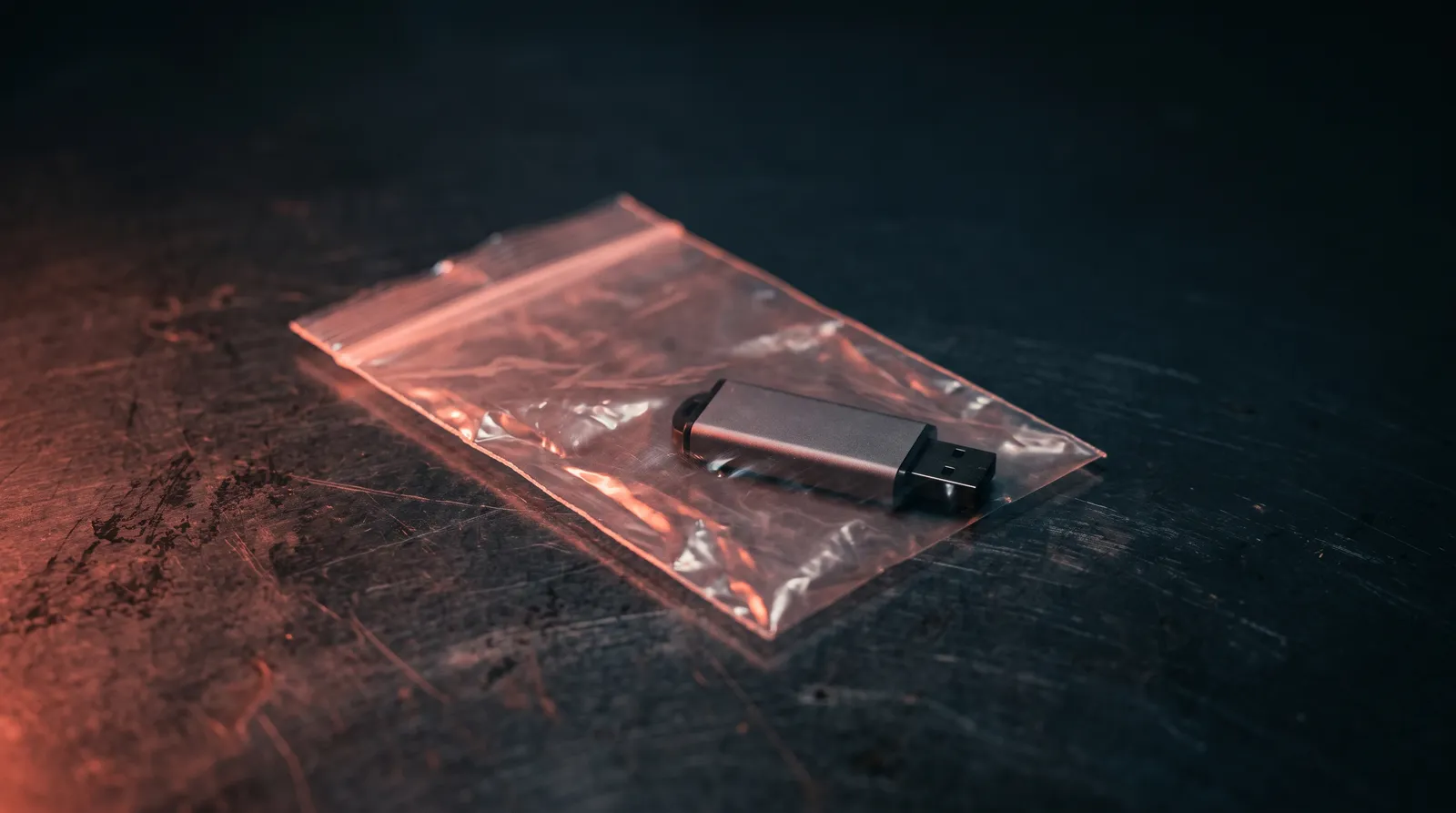 Une clé USB scellée dans un sachet plastique transparent, posée sur une table de métal sombre, éclairée par une seule lumière corail