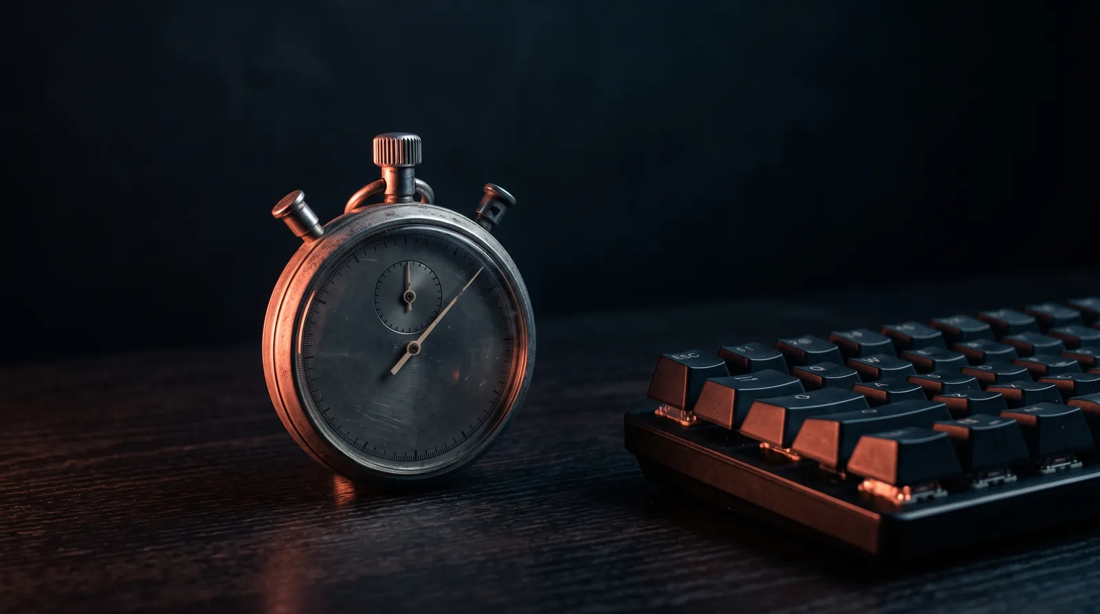 Un vieux chronomètre mécanique posé à côté d'un clavier mécanique sombre, l'aiguille arrêtée, sous une seule lumière corail
