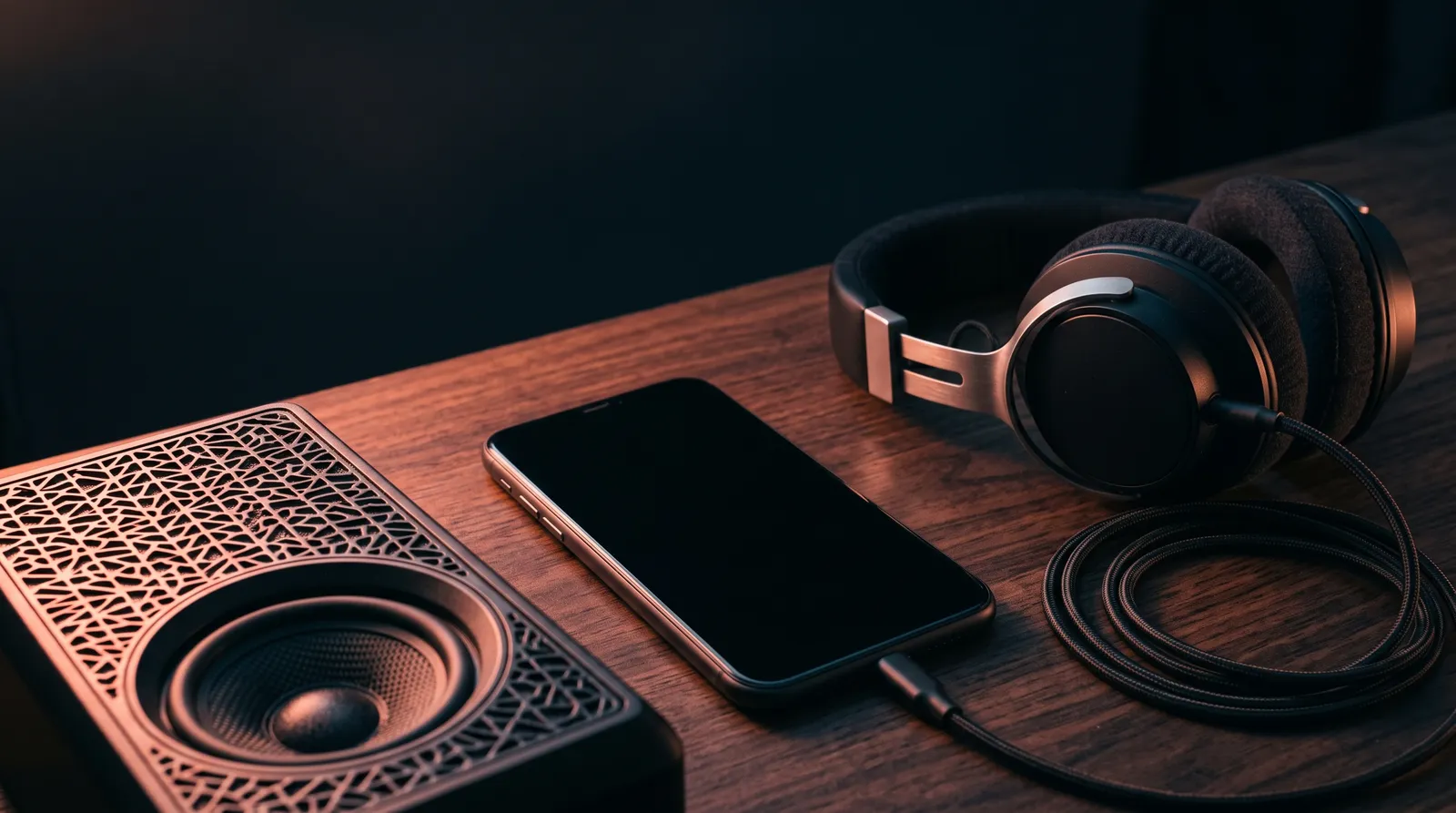 Un smartphone à l'écran éteint posé sur un bureau en bois entre une enceinte de monitoring et un casque audio enroulé