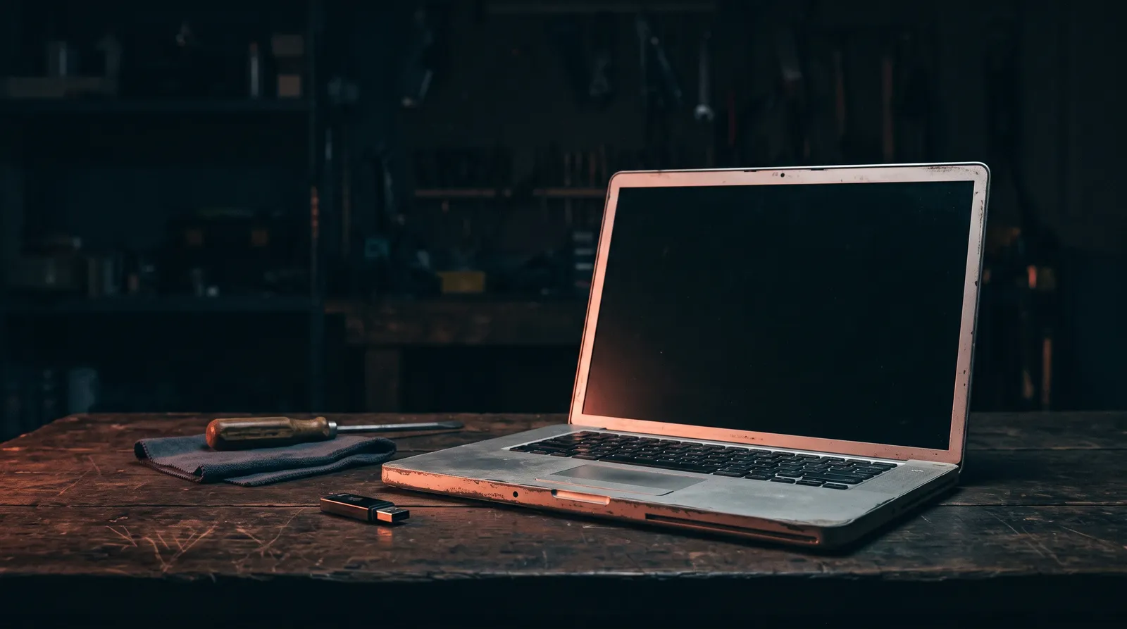 Un ordinateur portable ouvert sur un établi dans la pénombre, une clé USB posée à côté, éclairés par une lumière corail rasante